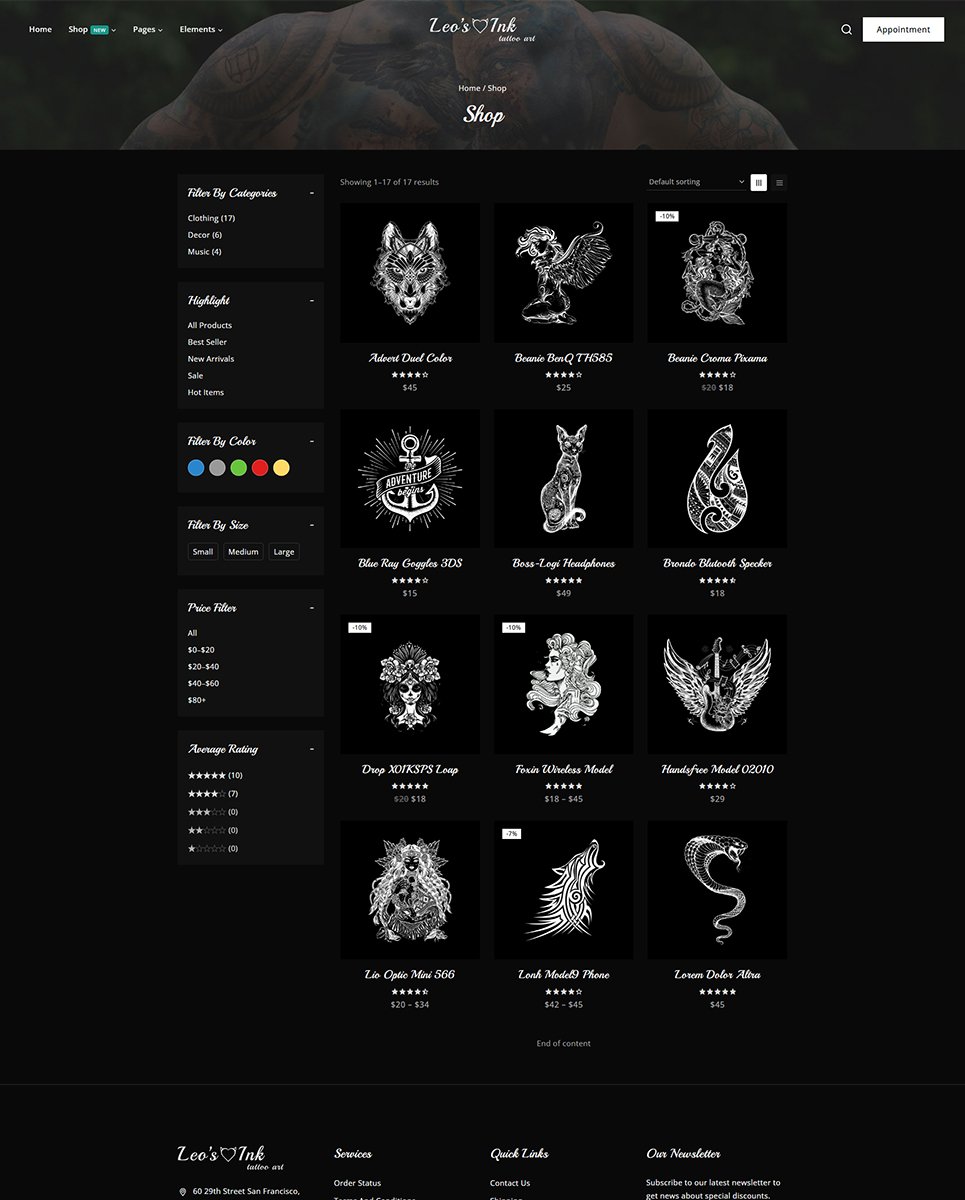 Leoink - Creative Tattoo Studio Elementor Wordpress Responsive Theme