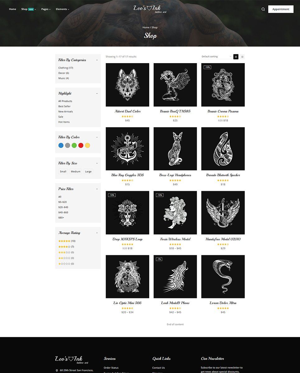 Leoink - Creative Tattoo Studio Elementor Wordpress Responsive Theme