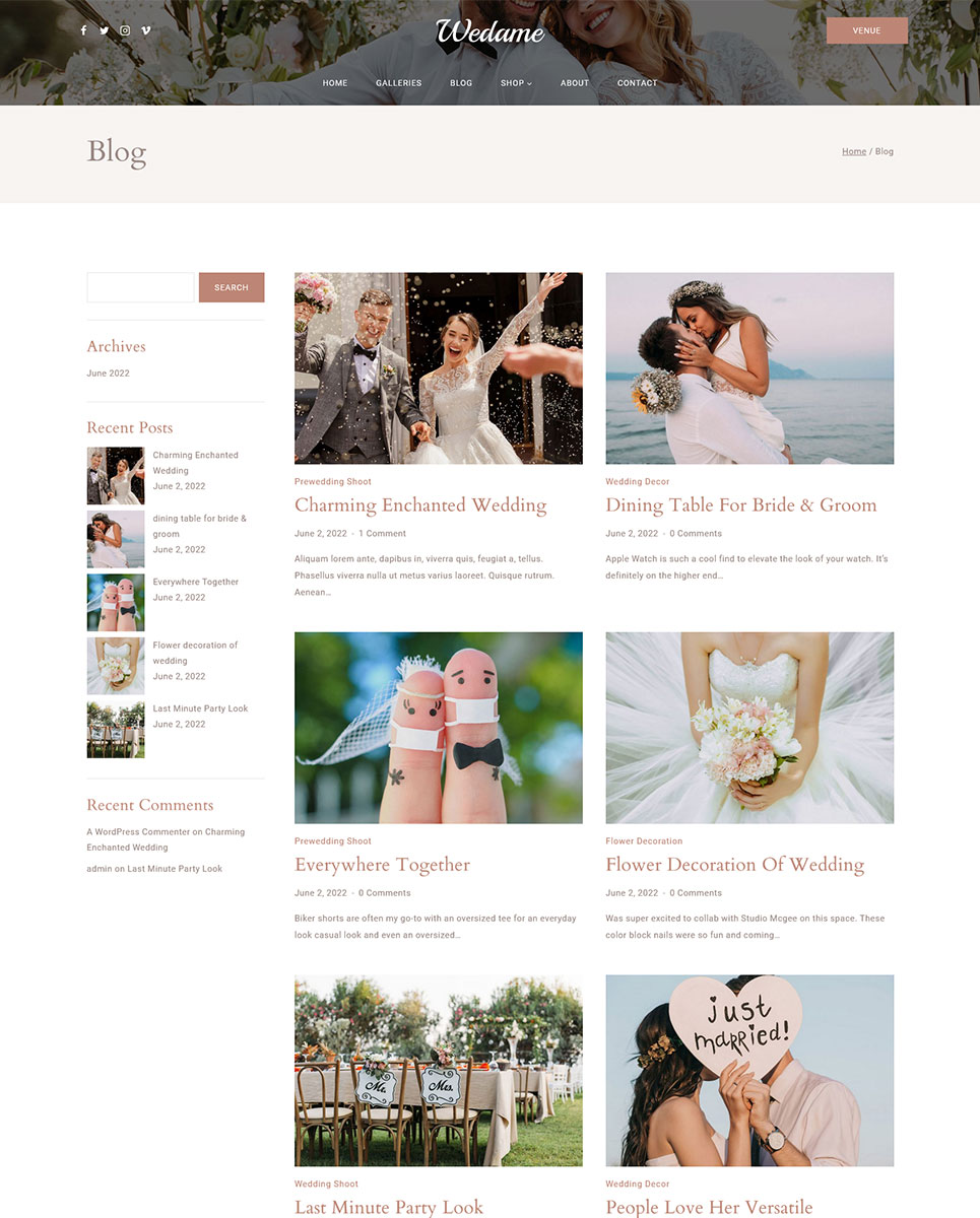 Wedame - Elegant Wedding and Event Planner Elementor WordPress Responsive Theme